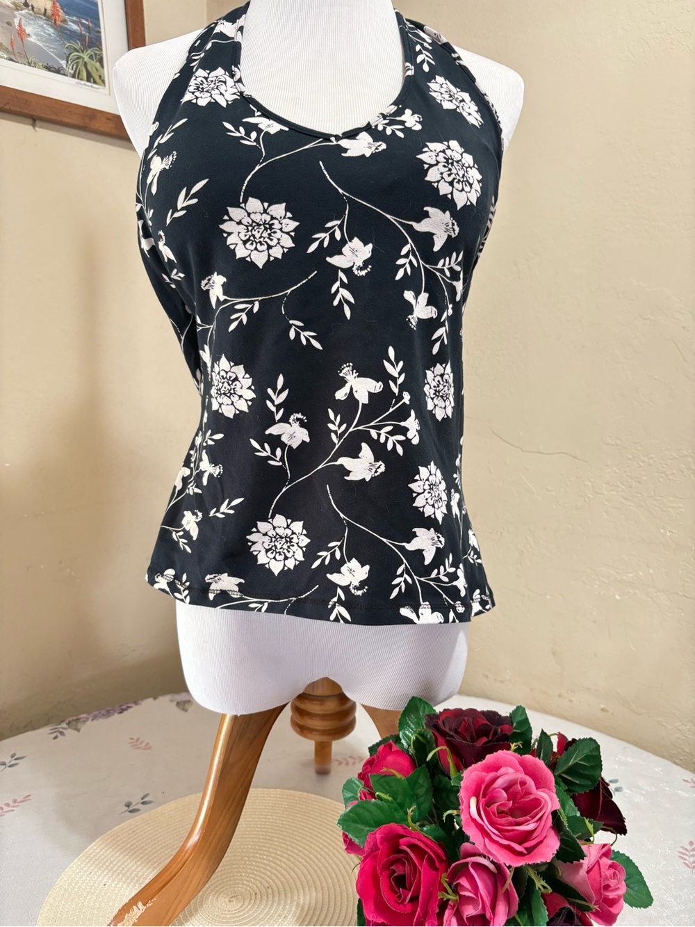 Black Floral Halter Tank Top for Women by